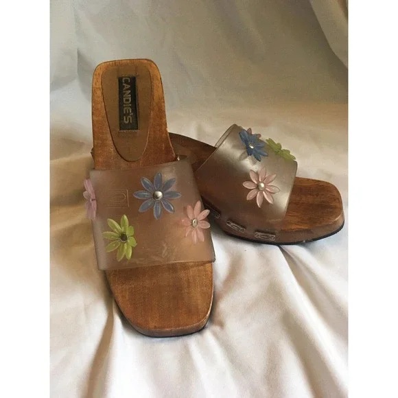 Candies Jelly Clog Clear Wooden Slide Sandal VTG Floral Chunky Womens Size 6 - Picture 2 of 8